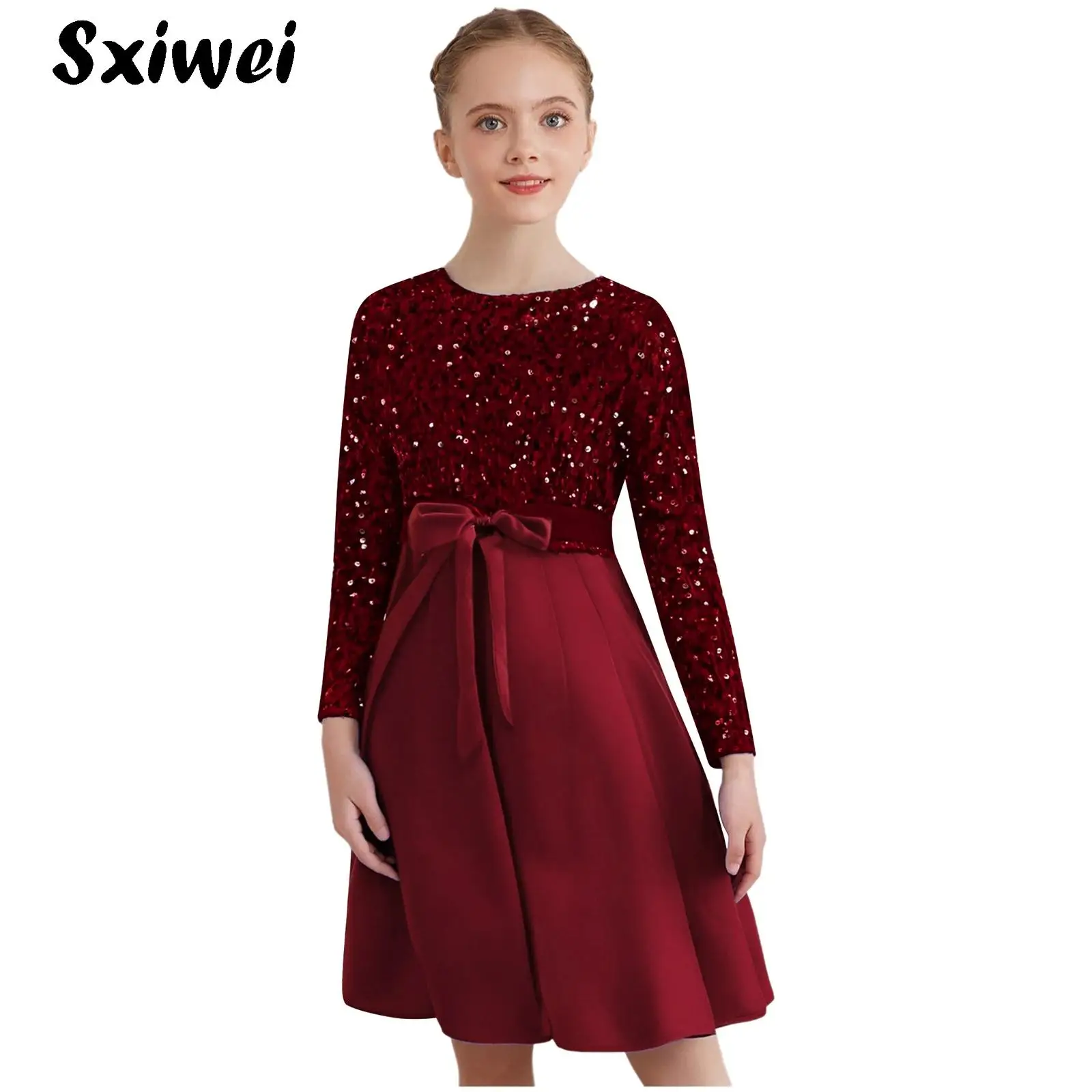 

Kids Girls Christmas Glitter Sequin Dress Long Sleeve Belted Pleated New Year Princess Dress Banquet Wedding Birthday Party Gown