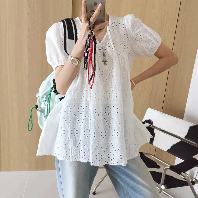 Bubble allentato Sve irt Donna Estate New Sle Sweet Sle V-ne Ricamo floreale Top ampio per giovani donne 8-24