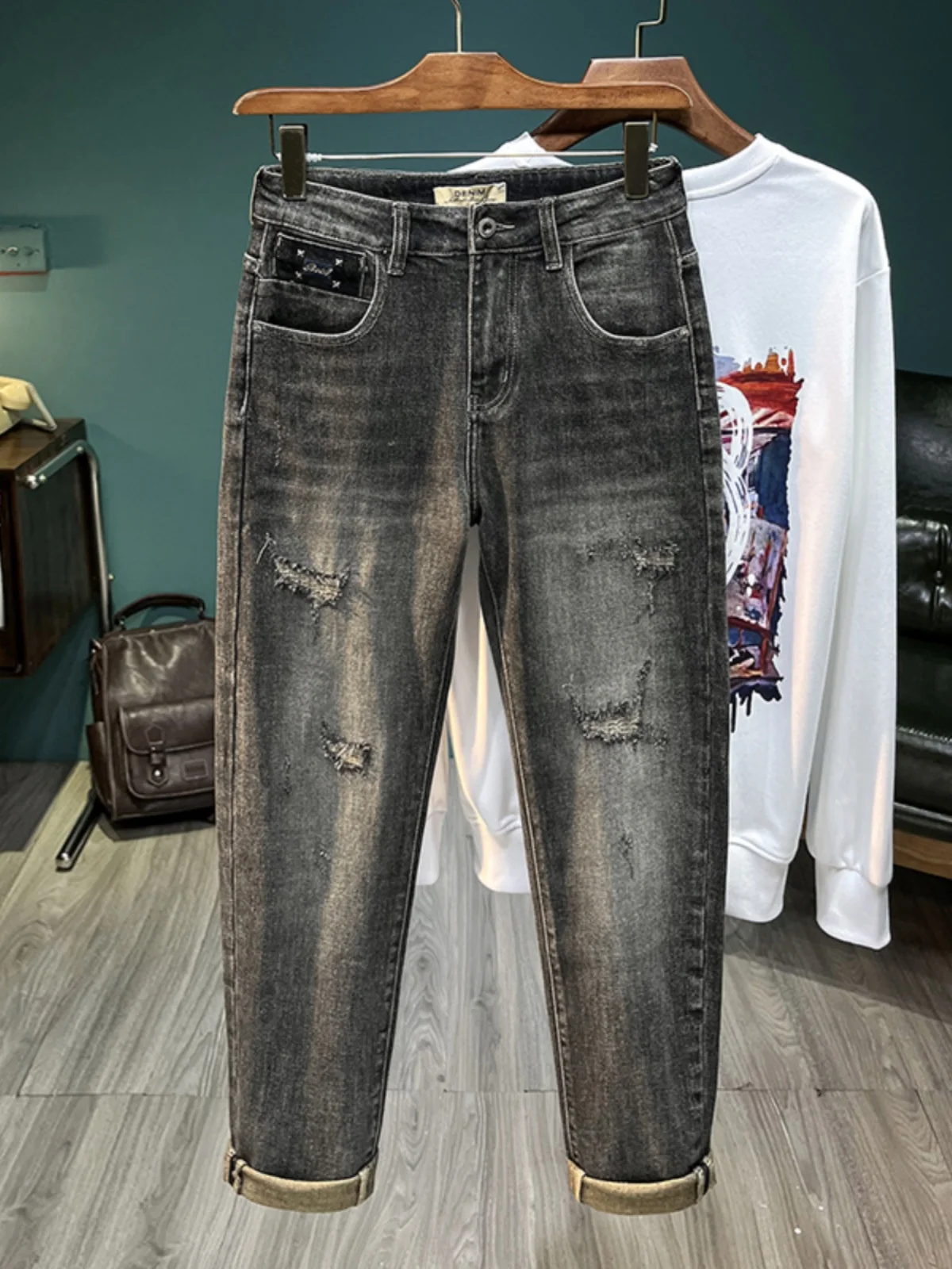 

American High Street Men's Loose Fit Jeans Casual Harlan Long Pants Wear Resistant Small Foot Dad Pants Autumn Trendy Brand Hole