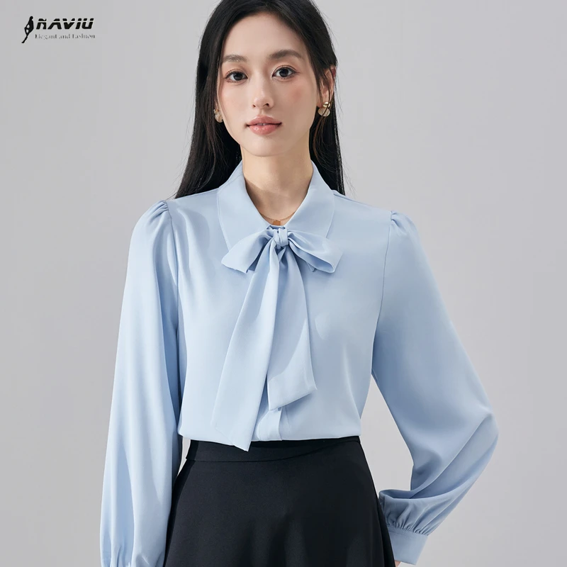 

NAVIU Blue White Elegant Bow Tie Shirt Women New Professional Formal Casual Long Sleeve Loose Blouses Office Ladies Work Tops