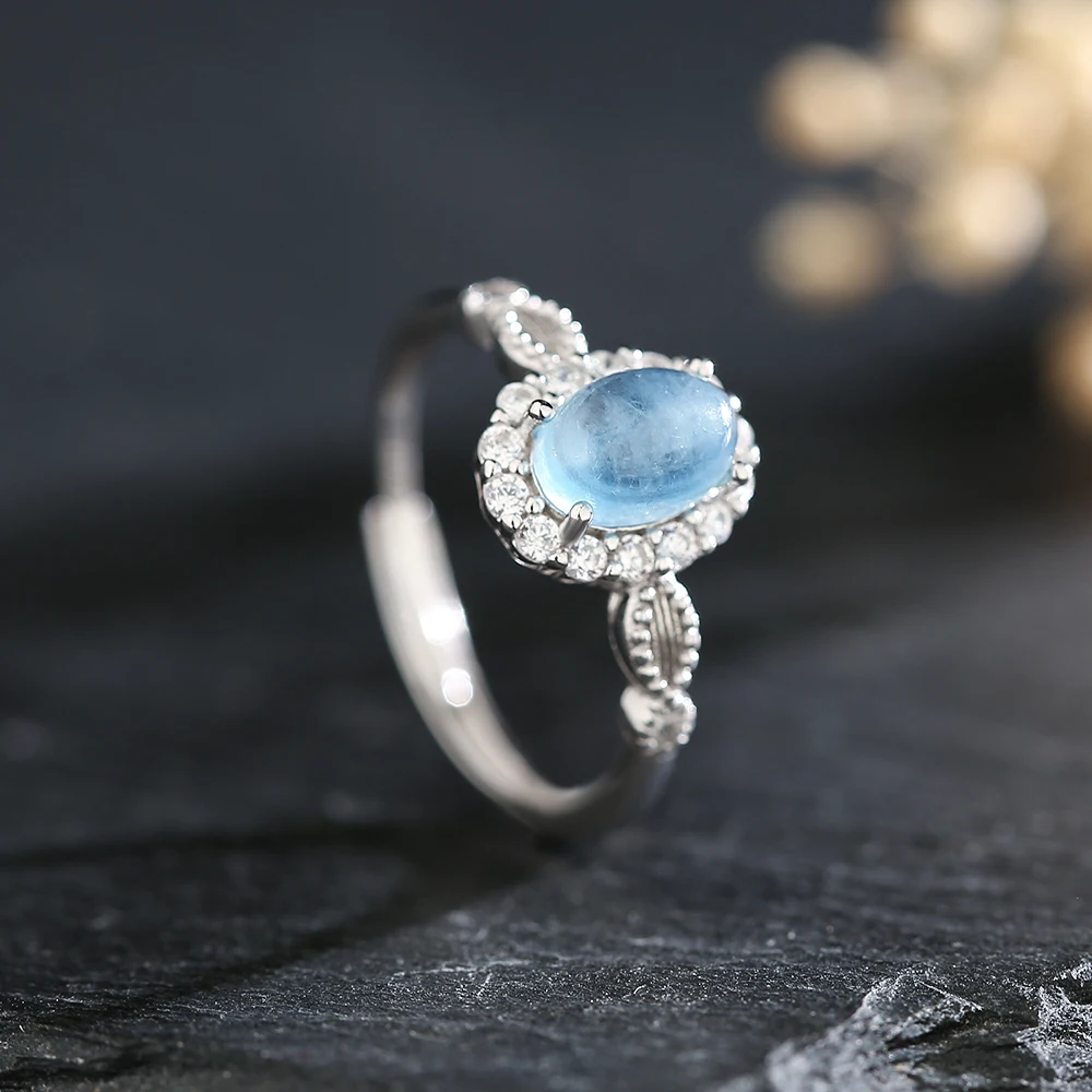 S925 cincin perak murni dipasangkan dengan cincin wanita aquamarine alami perhiasan kristal indah hadiah Aksesori pernikahan