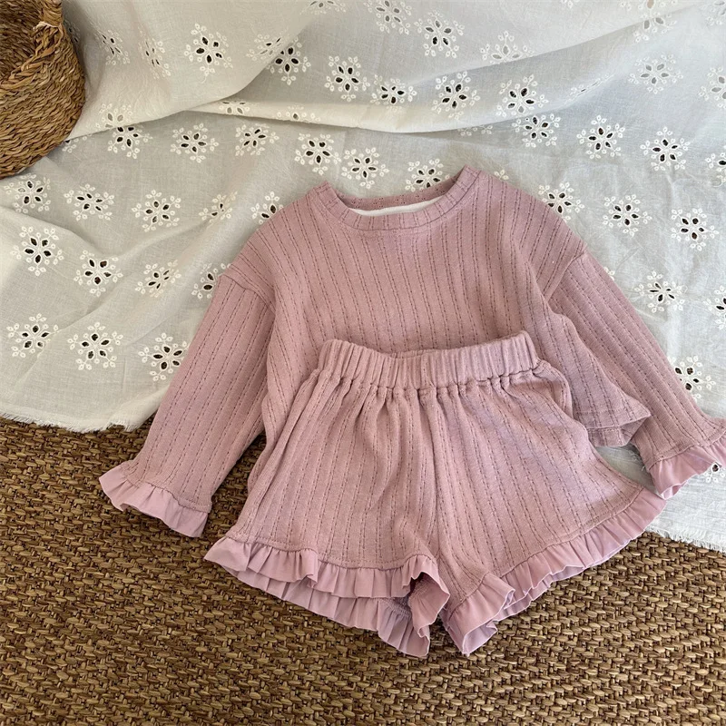 2024 Spring Summer baby girls solid color knitwear clothes set children long sleeve blouses shorts 2pcs suit