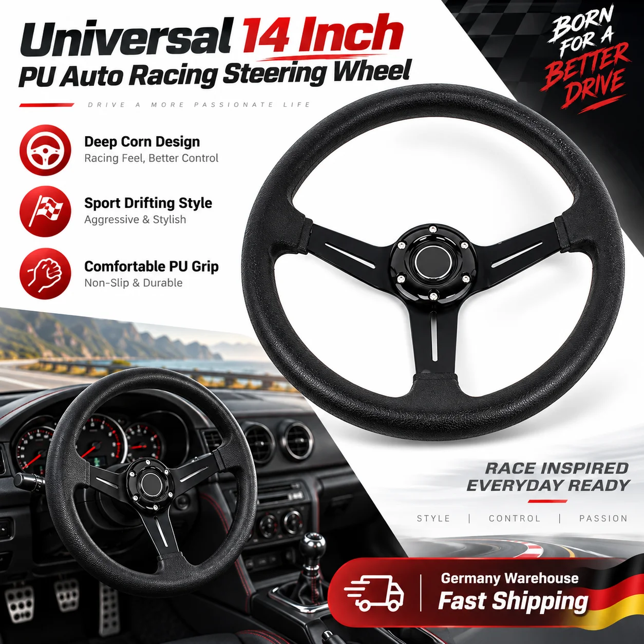 Volant de course universel de 14 pouces, à profondeur importante, en cuir PU, pour voiture de sport modifiée, style course, pièces de rechange et accessoires automobiles.