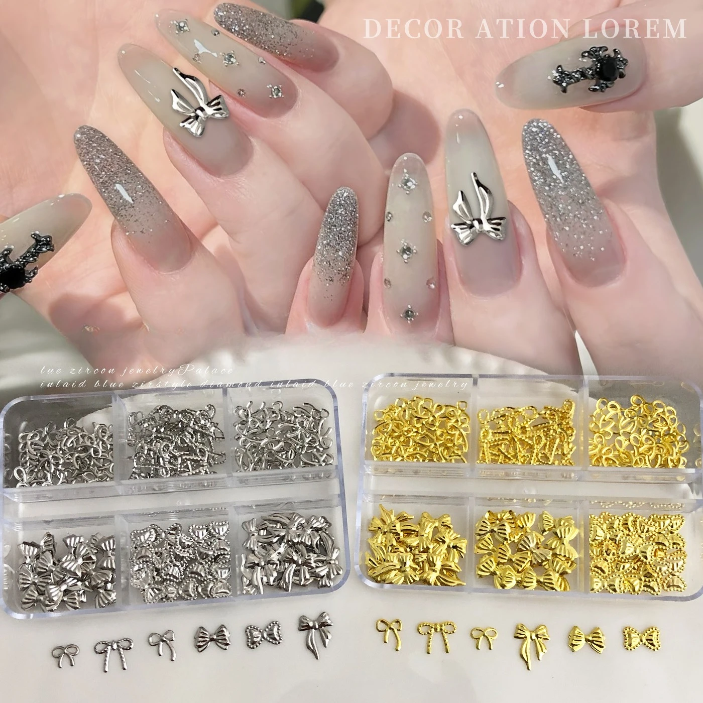 1Pc 6-grid Bow Nail Charm Set, Silver Metal Rivet Flakes Ornaments for Trendy DIY Press-on Manicure Nail Decor