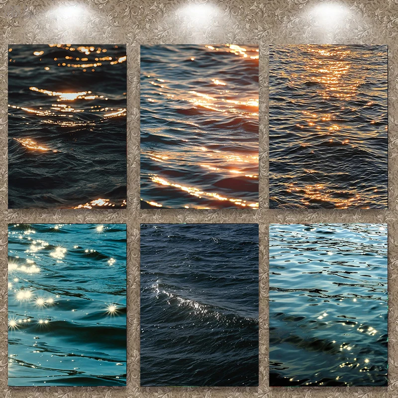 Bule Brown Shimmering Glitter Sea Surface Scenery Poster Print Wall Art Pictures Canvas Painting Living Room Home Decor Gift