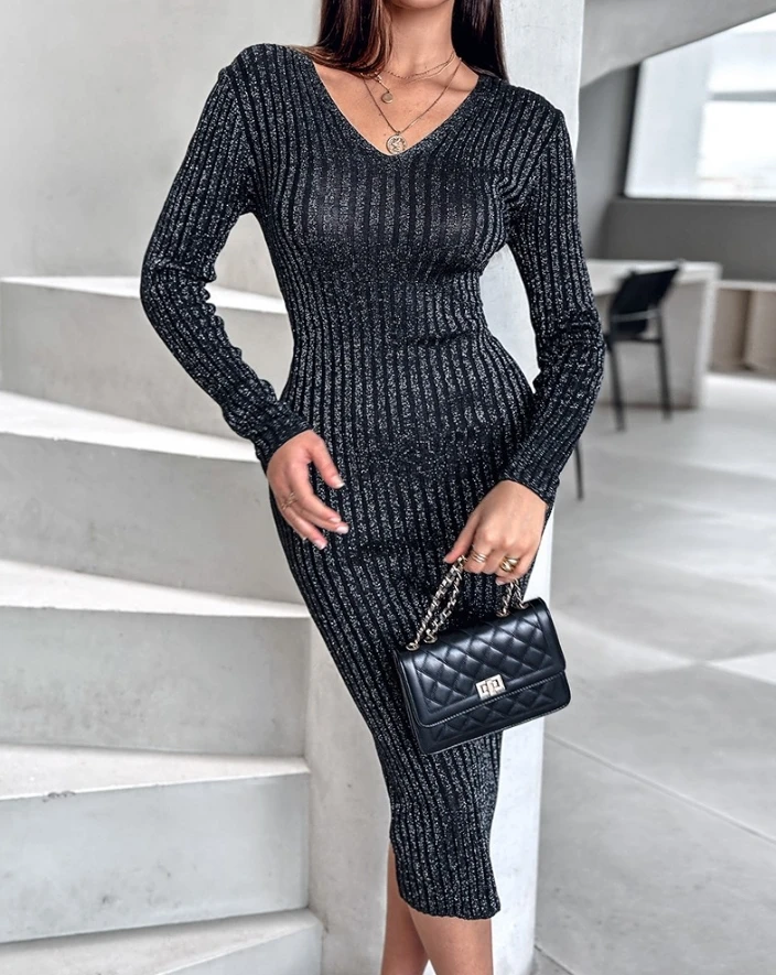 

Women's Temperament Dress 2024 Autumn Winter Glitter V-Neck Long Sleeve Mid Calf Knit Maxi Dress Hip Hugging Skinny Long Skirt