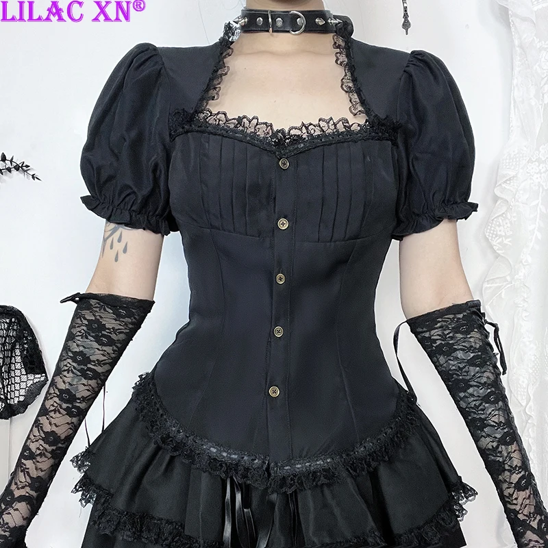 Lilac XN Y2K Goth Black Lace Trim Puff Short Sleeve T-Shirts for Women Vintage Elegant Lolita Aesthetic Blouse Summer Tops Tees