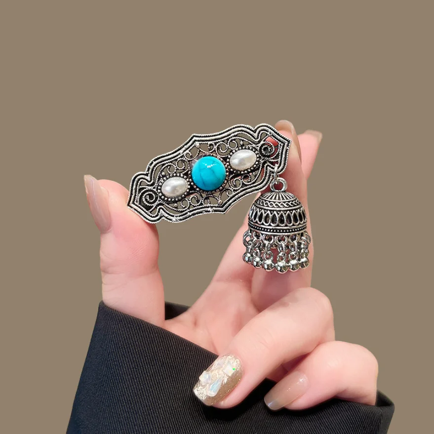 Ethnische Haarspangen im Glockenstil für Frauen, elegante Vintage-Haarspangen mit Metallquasten, trendige türkisfarbene Haaraccessoires für Mädchen – Detail 9