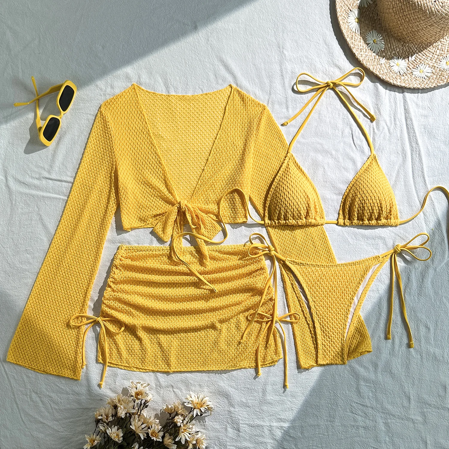 

Сексуальные простые комплекты микро-бикини из 4 предметов с халатом с длинными рукавами и мини-юбкой на шнурке, купальный костюм, купальники, пляжная одежда, купальники