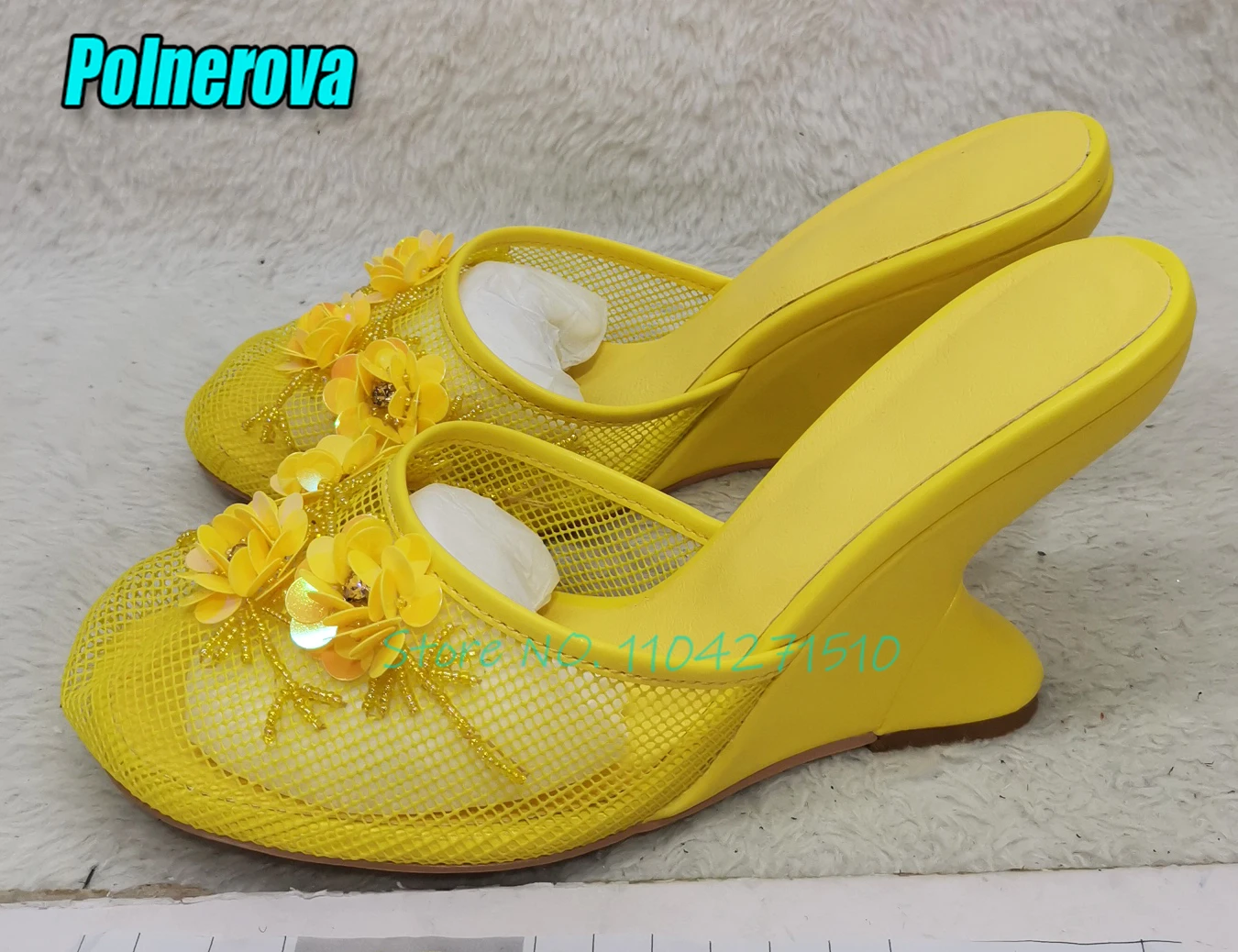 Yellow Sequin Mesh Women Slippers Flower Crystal Strange Heel Sandals Summer New Fashion Solid Round Toe High Heels Party Shoes