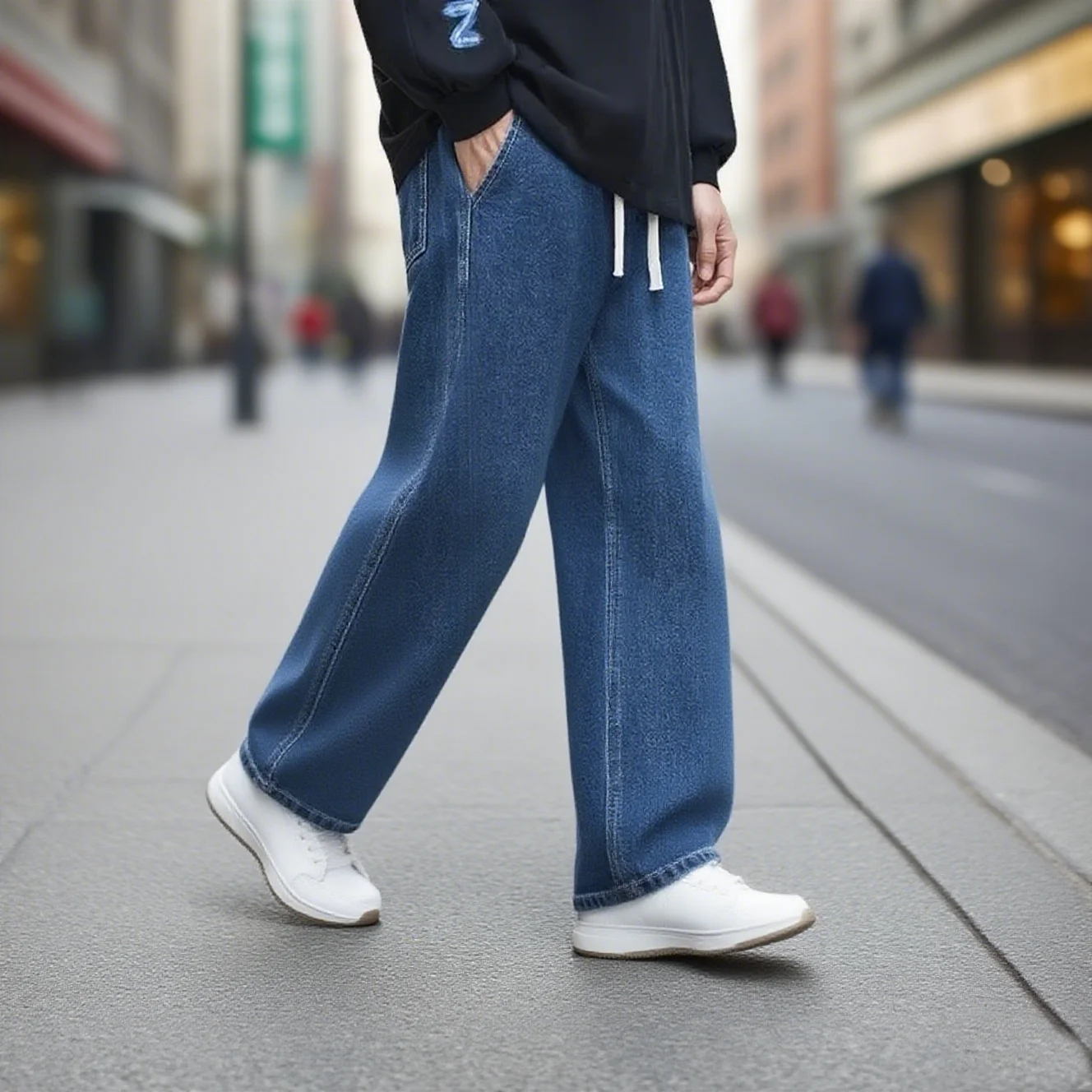 

Summer men's denim pants with drawstring retro washed men's jeans straight leg casual men's loose wide leg pants new fashion