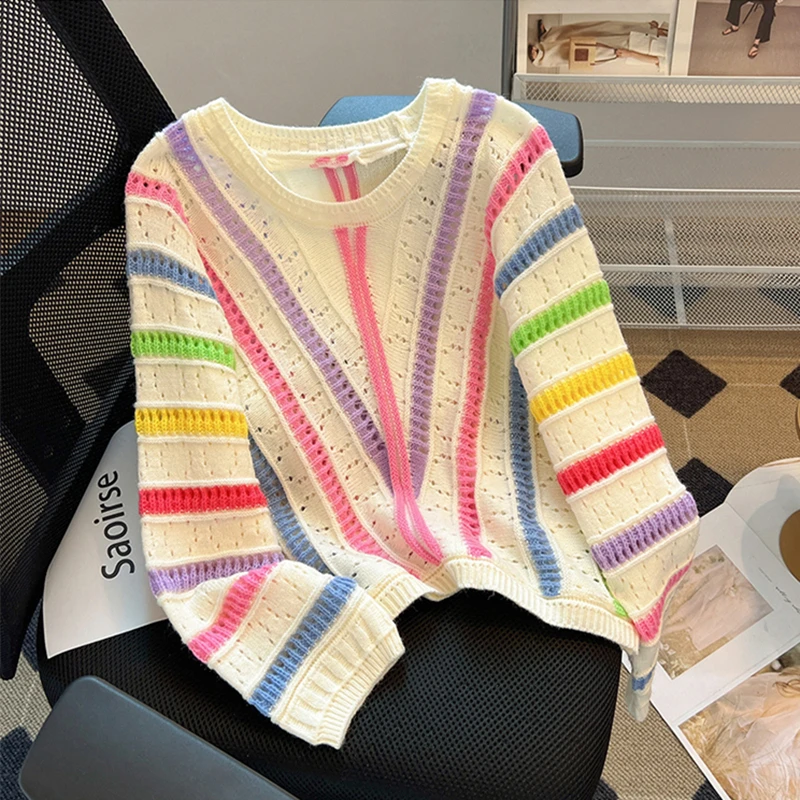 

2024 New Autumn Winter Women Pullover Sweater High Quality Sweet Rainbow Color Striped Hollow Out Knitted Sweater