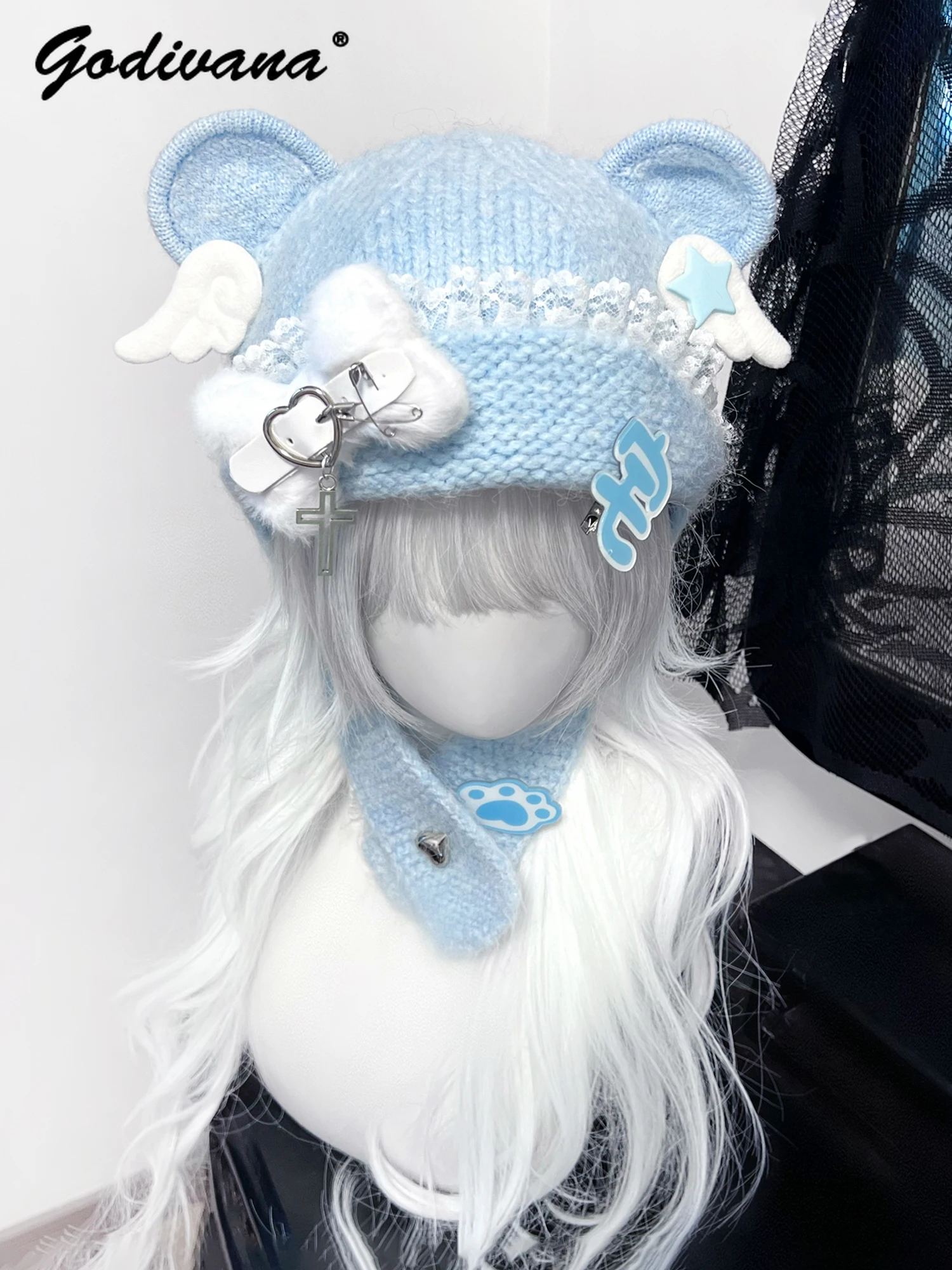 Original Girls Cute Bear Ear Cap New Autumn and Winter Subculture Y2K Wool Knitted Hat Water Color Bone Women's Warm Hats