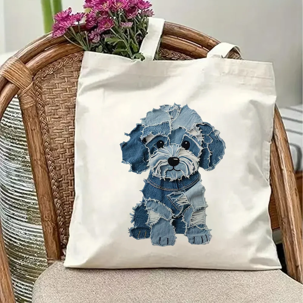 

Creative Denim Patchwork Dog Canvas Tote Bag Unique Puppy Graphic Aesthetic Crossbody Bag Reusable Eco Shoulder Handbag
