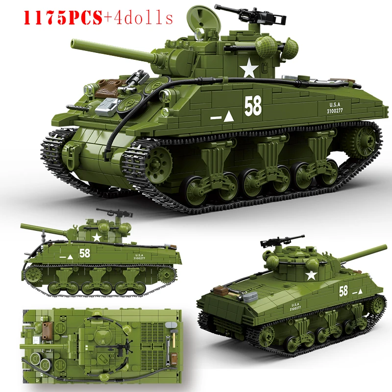 Military American M4A3 Sherman Medium Tank Building Blocks WW2 Weapons Churchill Tiger T-34 Tanks Technical Bricks Kids Toy Gift