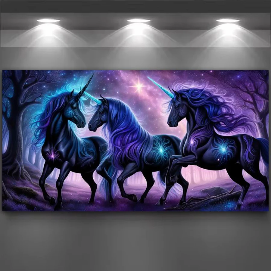 Unicornio negro y azul, pintura artesanal de diamantes de gran tamaño, animales, taladro redondo cuadrado completo, imágenes bordadas en mosaico, 200x100cm