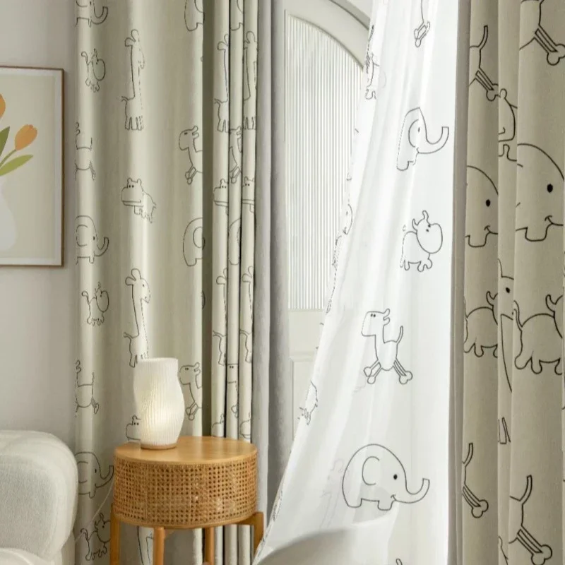 

Cartoon Cream Style Animal Park Embroidered Curtain Children's Bedroom Shading Sound Insulation Schneier Blackout Window Curtain