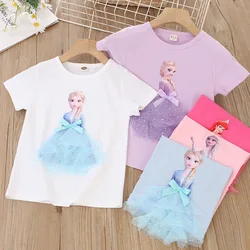 New Kids T-shirt Short sleeves Children Frozen Elsa Cotton Summer Girls Tee Party Princess Disney Girls Clothes Costumes Ariel