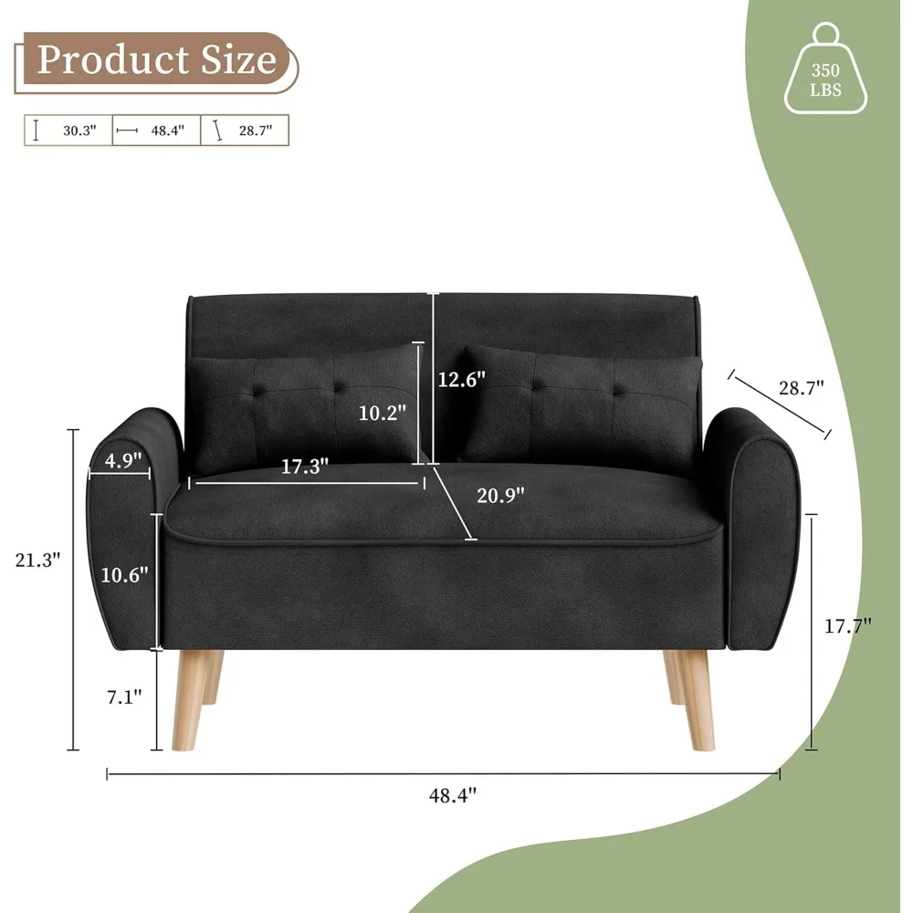 47-inch linen double sofa with cushion and tapered wooden legs for living room, bedroom and small space (black)