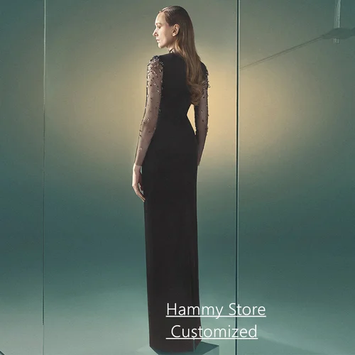 Imagen 2 del producto Vestido de noche negro de moda personalizado cuello alto mangas largas piedras de cristal hasta el suelo vestido de fiesta árabe vestidos formales