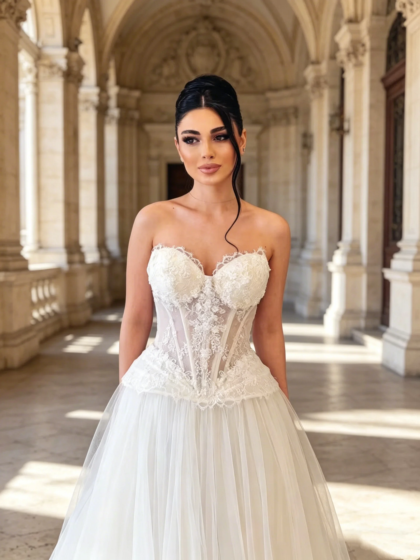 Modern Pleat Lace A-Line Wedding Dress Appliques Sweether-Neck Off The Shoulder Open Back Bridal Gown Vestidos De Novia Customiz