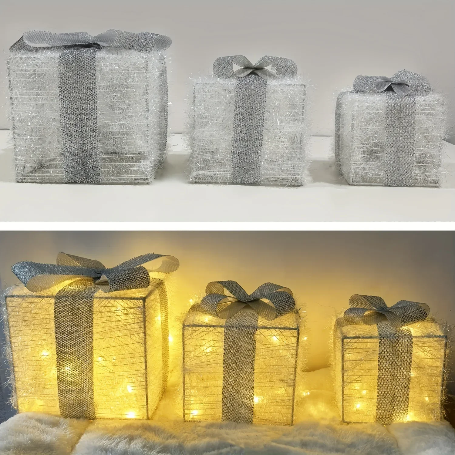Christmas Decorations Ornament Wrought Iron Luminous Gift Box Three-piece Set Stacked Christmas Supplies Scene