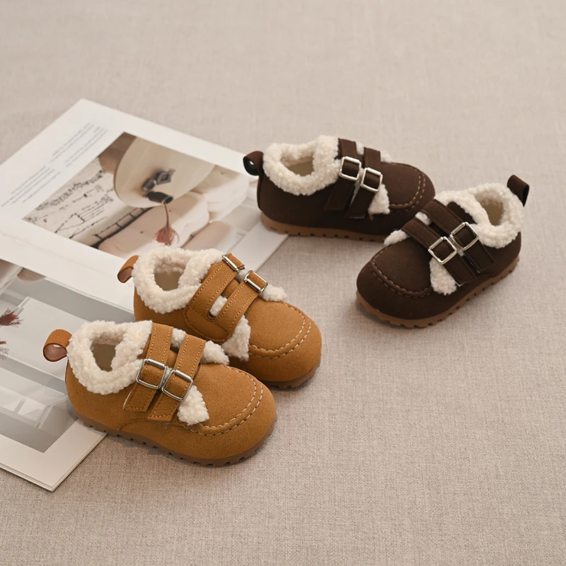 Children Winter Suede Style Cotton Boots Double Buckle Design Plush Edge Warm Lining Anti Slip Toddler Boys Girls Flat Shoes
