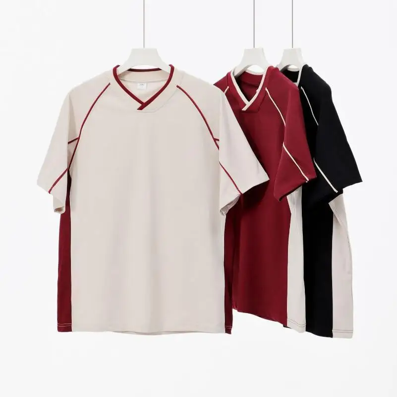 American Retro 260g Contrasting Lines V-neck Short Sleeved T-shirt Men's Trendy Brand Loose T-shirt With Personalized Print Logo