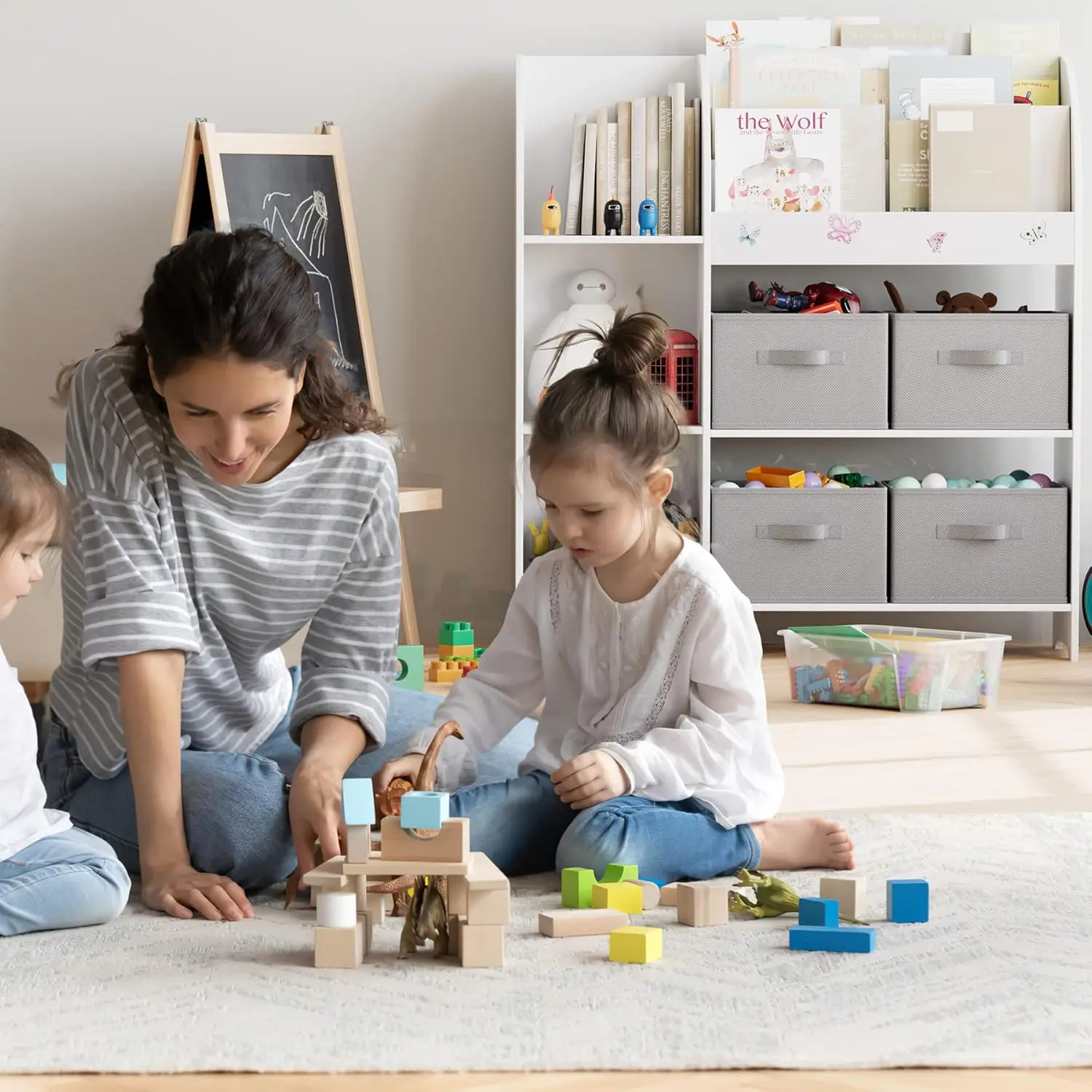 Kids Toy Storage Organizer with 4 Fabric Bins, 3-Tier Book Rack and Open Cubbies for Playroom