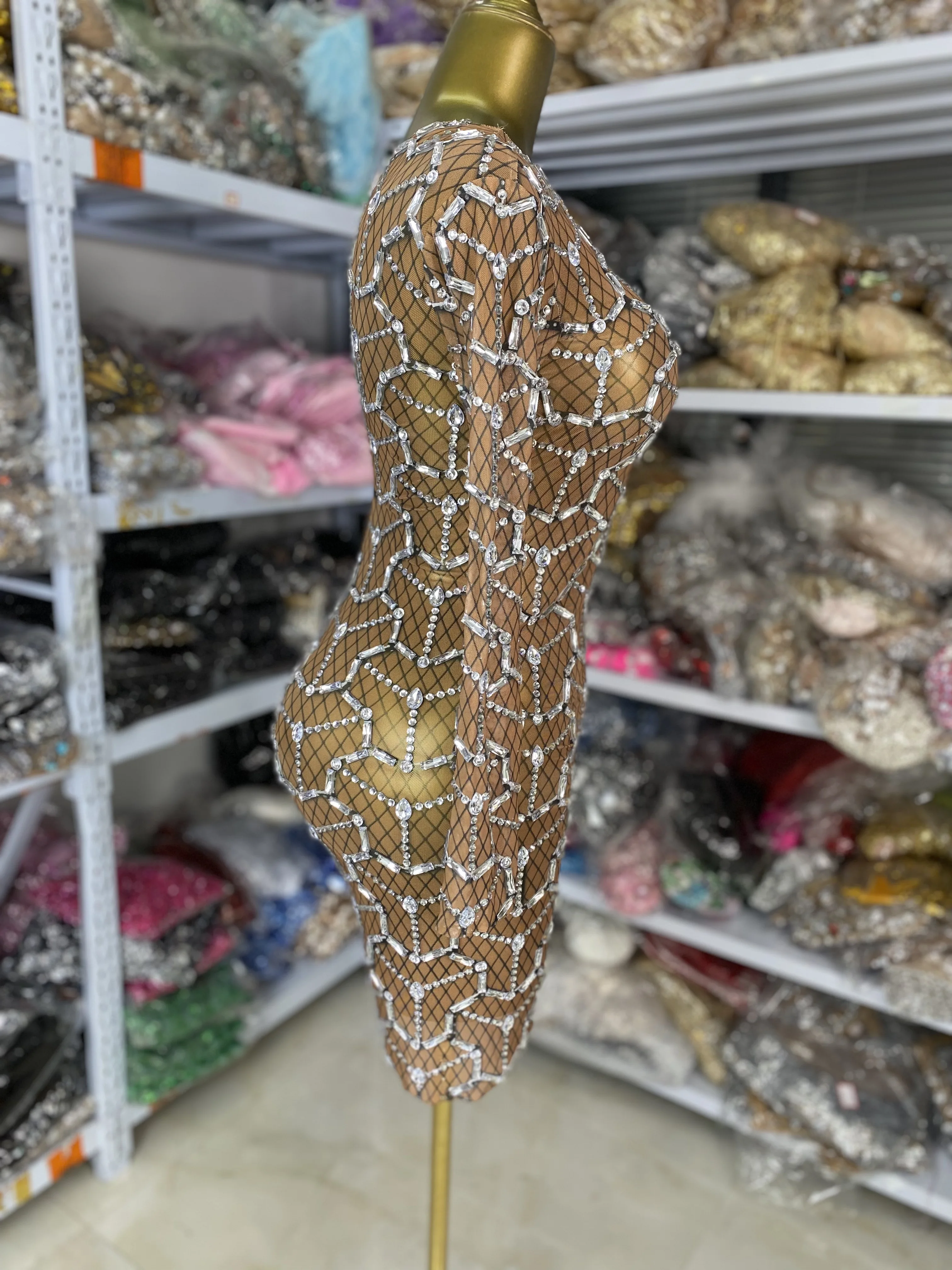 Women Luxury Printed Shiny Rhinestones Brown Mesh Long Sleeve O-Neck Bodycon Mini Celebrity Evening Club Party Dress Costumes