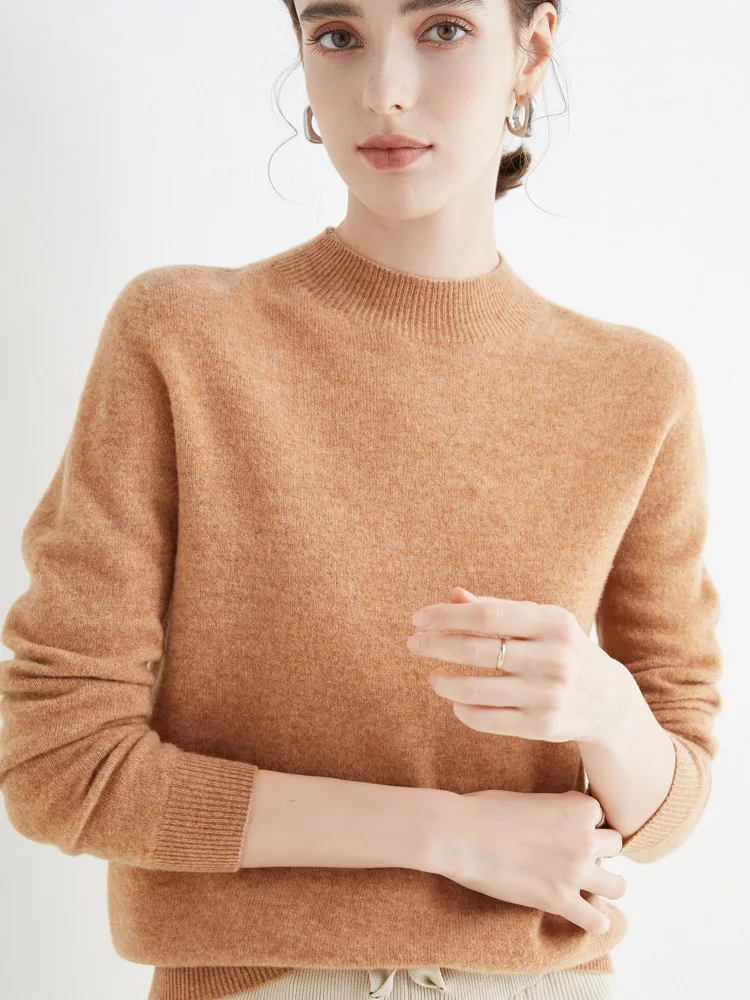 ADDONEE Spring Autumn Basic Wool Sweater For Women Mock Neck Long Sleeve Solid Pullover 100% Merino Wool Knitwear Female Clothes