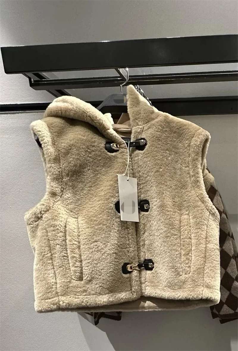 Damesjas 2025, herfst nieuwe stijl kaki mouwloos vest met touwknoopgesp en fleecevoering, uniek en modieus