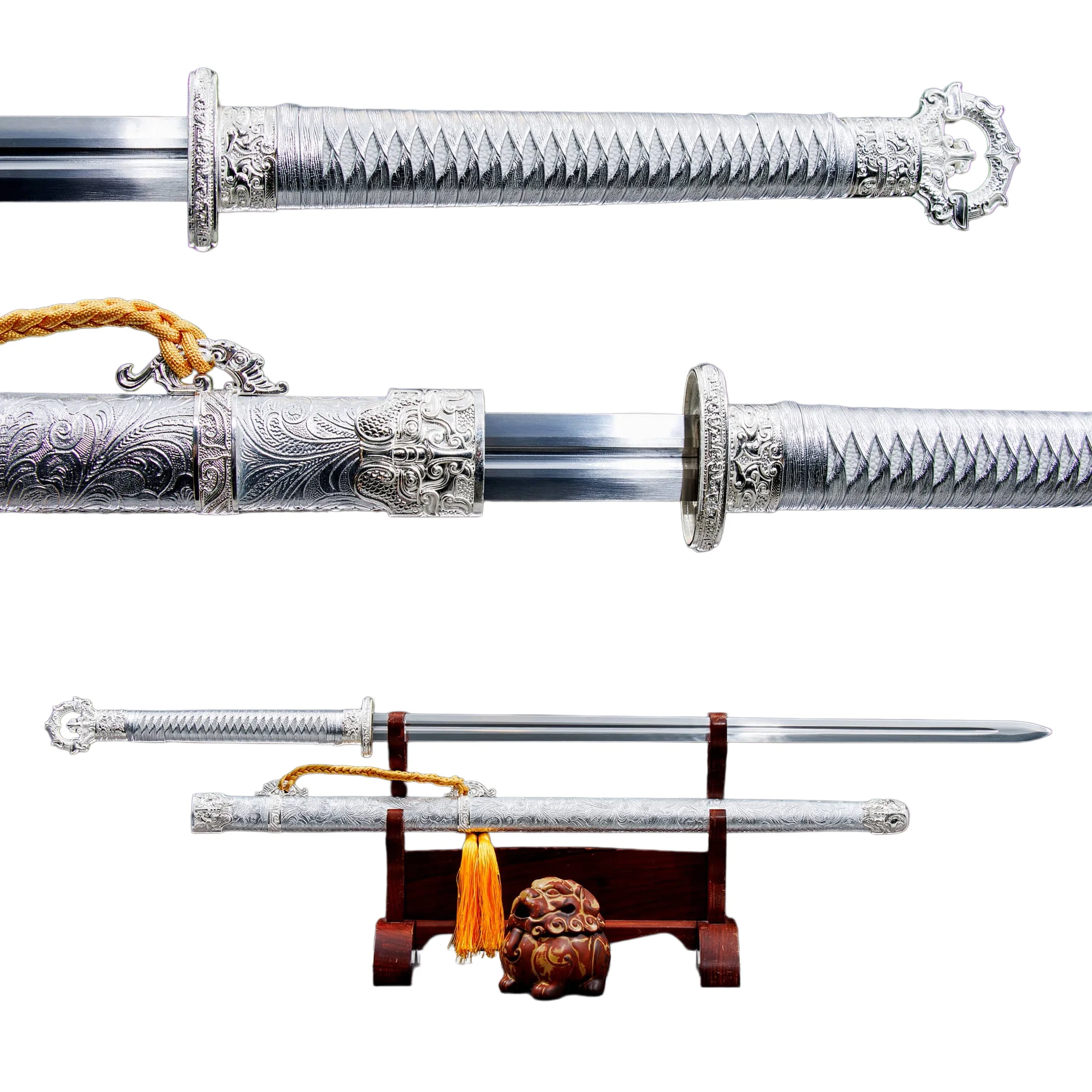 Espada china de cosplay de la Edad Media de 111 cm, espada samurái plateada, lista para el combate, katana de espiga completa, para entusiastas de las artes marciales ninja.