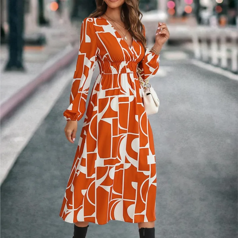 Autumn And Winter New Women's V-neck Printed Long Sleeved Dress 2024 Women's Casual Set Head Up Waist Type A-line Long Skirt Y2k