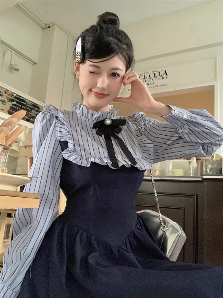 Long Sleeve Dresses Women Preppy Style Knee-Length Soft Autumn Fashion Chic Simple Streetwear Students Daily Stylish Vestidos