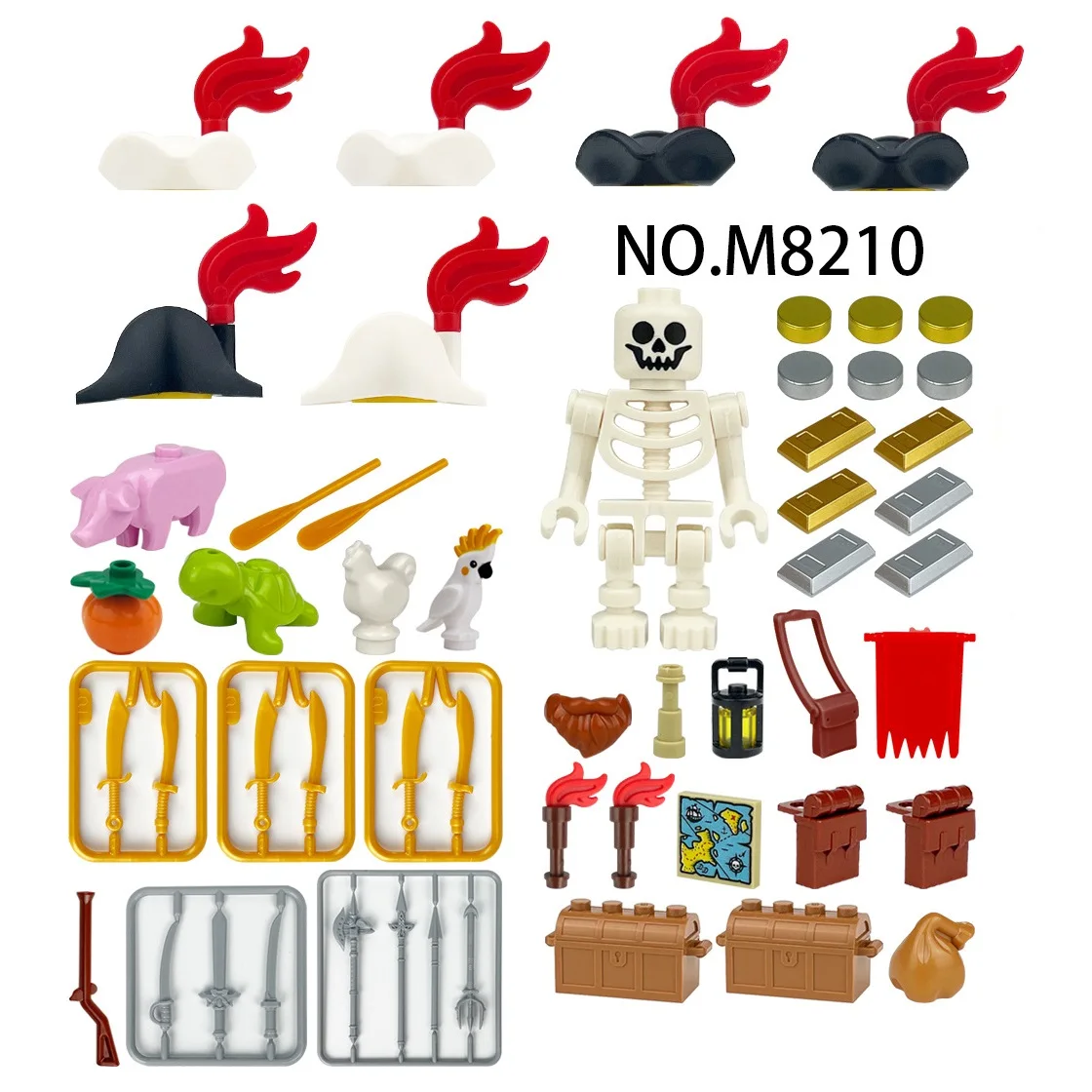 Esqueleto de piratas com 12 peças, mini conjuntos de figuras de ação, navio pirata, armas de animais, acessórios, bloco de construção, brinquedos para meninos