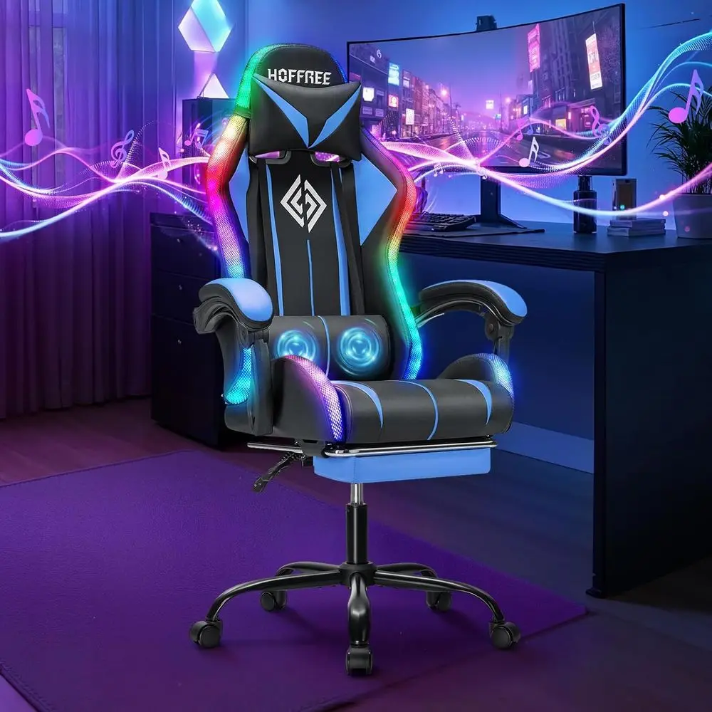 High-Back LED Gaming Chair with Speakers, Massage, and Footrest for Adults - Blue and Black