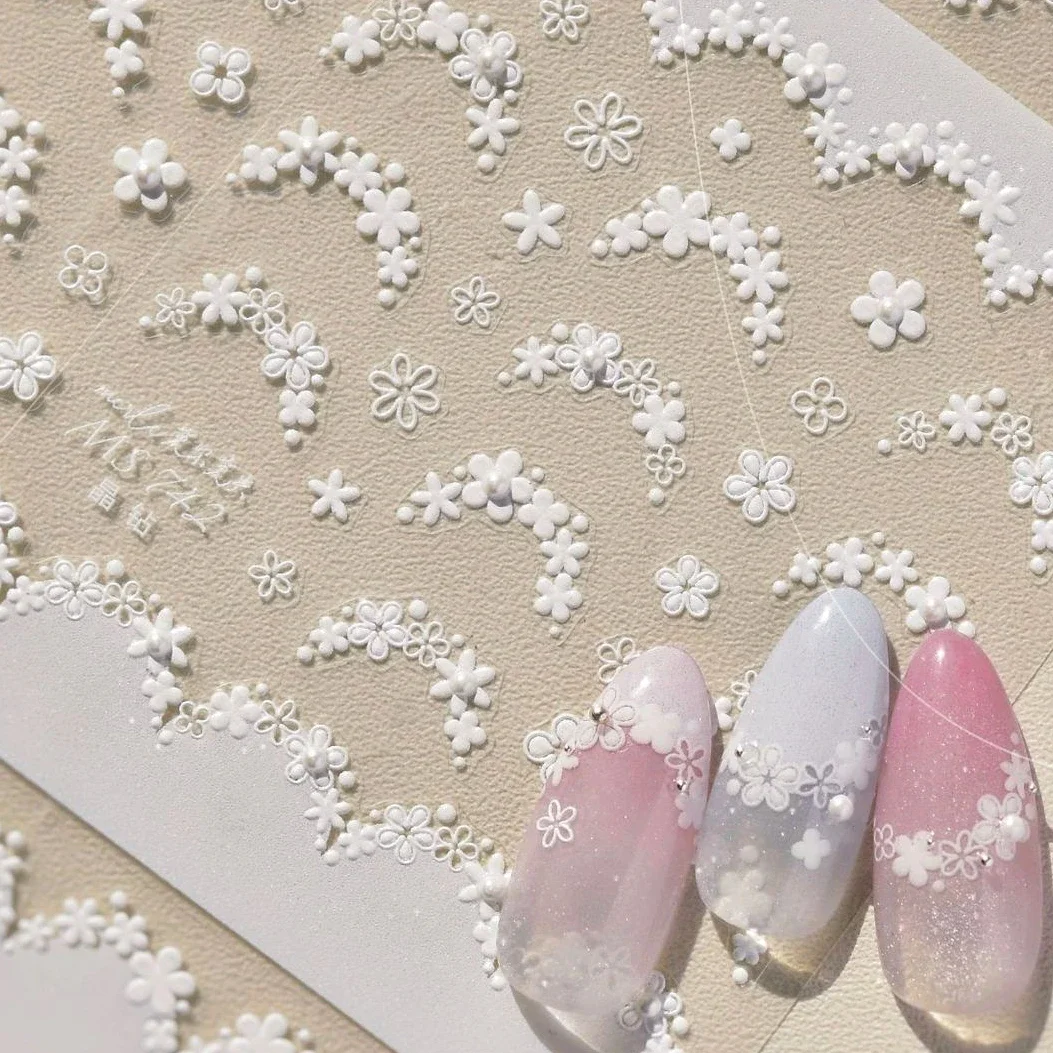 Dressy White Red Pink Pearl Petal Flower Arc Wreath Halo Dyeing Daisy Adhesive Nail Art Stickers Chic Rhinestone Manicure Decals