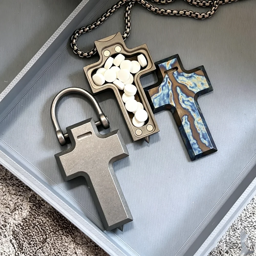 Titanium Alloy Cross EDC Necklace Pendant Waterproof Pill Box Capsule Keychain DIY Pendant Tool