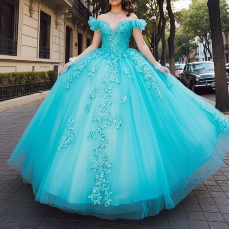 

Blue Shiny Quinceanera Dresses Off The Shoulder Applique Lace Beads Tull Corset Party Birthday Sweet 16 Dress Vestidos 15 Anos