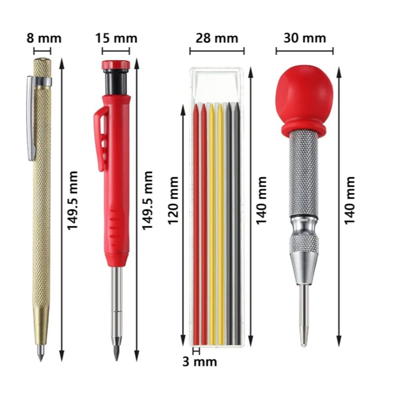 5 Pcs Carpenter Pencils Sets with Center Punch Metal Scribe, Long Head Deep Hole Marker with 6 Refills for Construction Woodwork