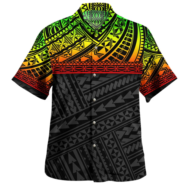 Trendy Colorful Hawaiian Shirts For Men Polynesian 3d Printed Blouse Tops Casual Street Short Sleeves Loose Lapel Button Shirt