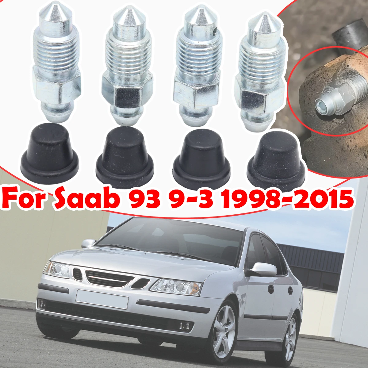 サーブ93 9-3 1998-2015年式 車用 フロントリアブリーダーバルブとゴム製ダストキャップ 左右キャリパーブリードニップルネジ修理キット