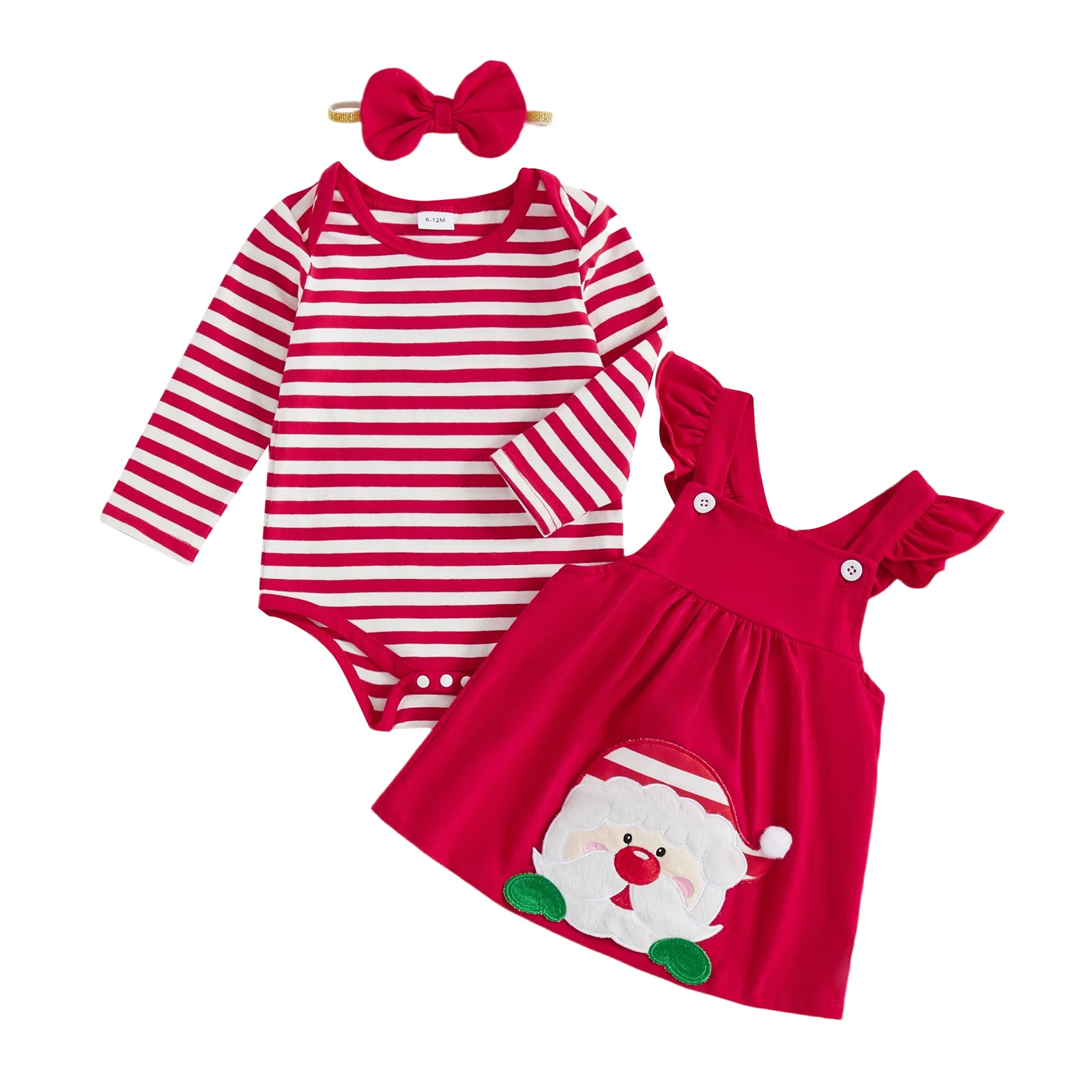 

Baby Girls 3 Piece Outfit Cute Long Sleeve O Neck Striped Jumpsuit Headband Santa Claus Embroidery Dress Set