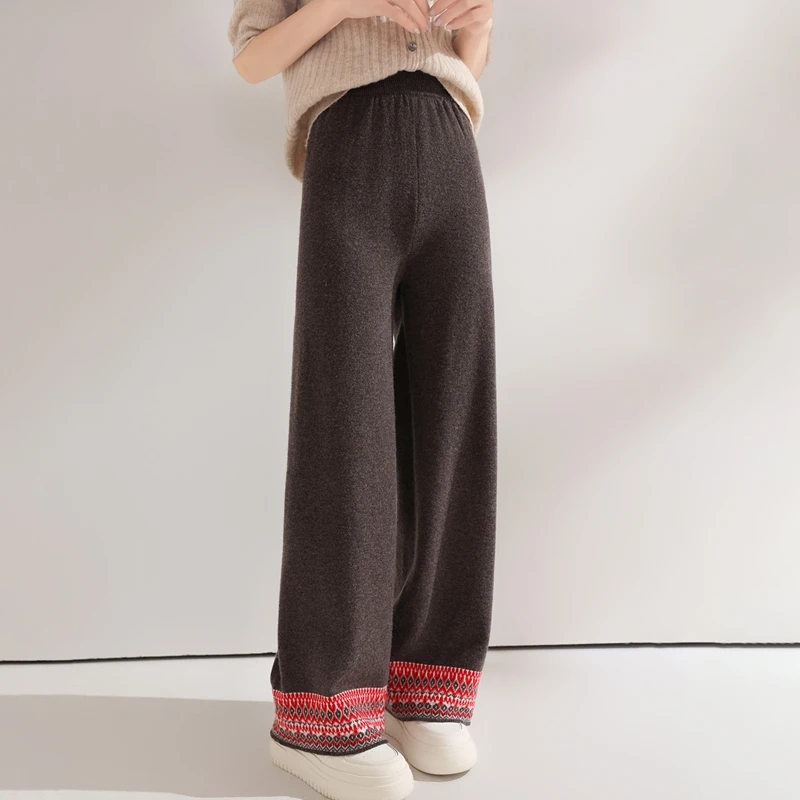 Pantalon en cachemire épais pour femme, jambes larges, décontracté, ample, torsadé, fleur, 100% laine mérinos, tricot populaire, automne et hiver