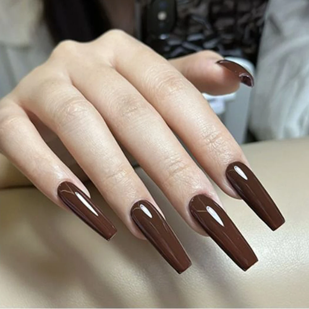 أظافر مزيفة براقة بلون سادة للنساء ، مانيكير ، باليه طويل ، قابل للفصل ، غطاء كامل ، أطراف أظافر بالضغط ، جديدة ، 24: 50 في الصندوق