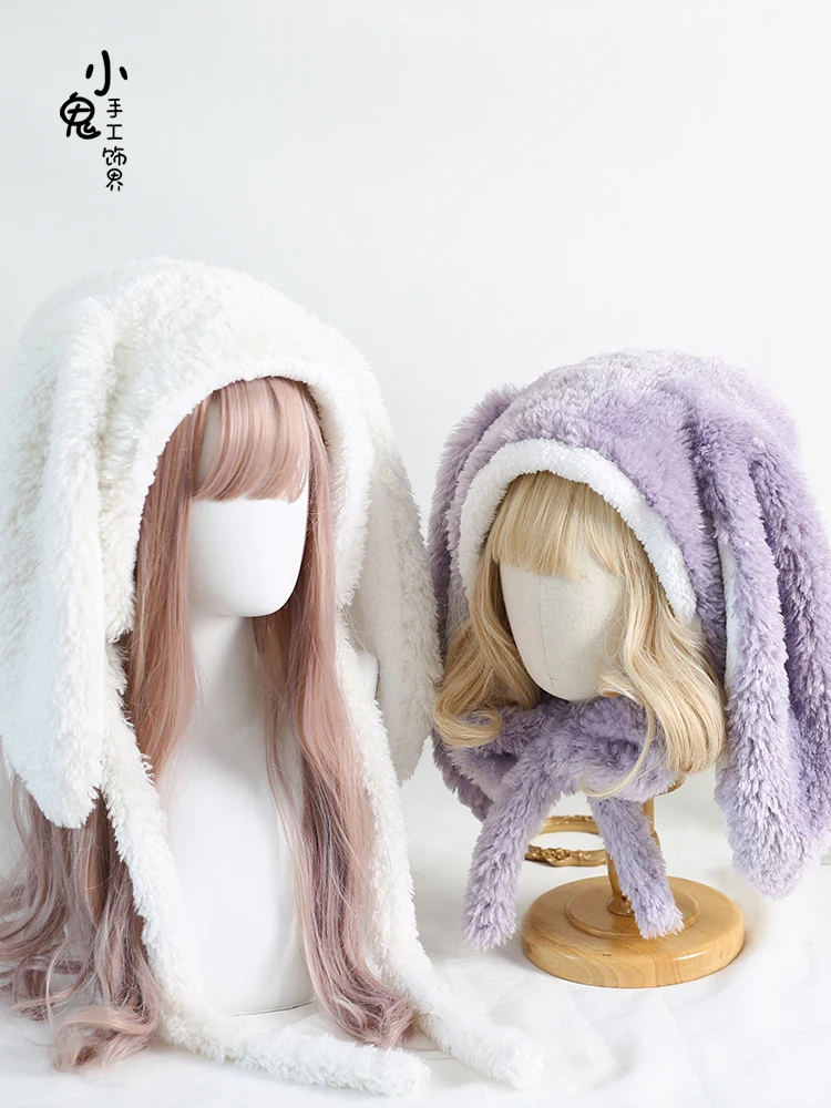 Original hand-made looping rabbit warm hat Lolita sweet cute long rabbit ears plush Lei Feng hat cashmere hat