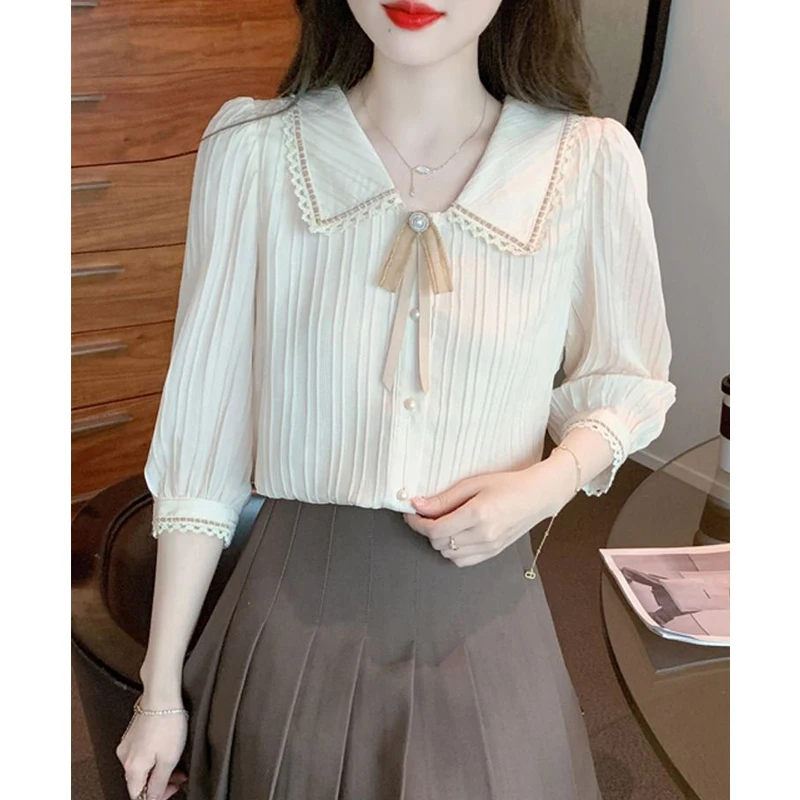 Women Vintage Lace Patchwork Bow Beaded Design Chic Shirts Summer Trendy 3/4 Sleeve Loose Blouses Solid Sweet Elegant Tops Blusa