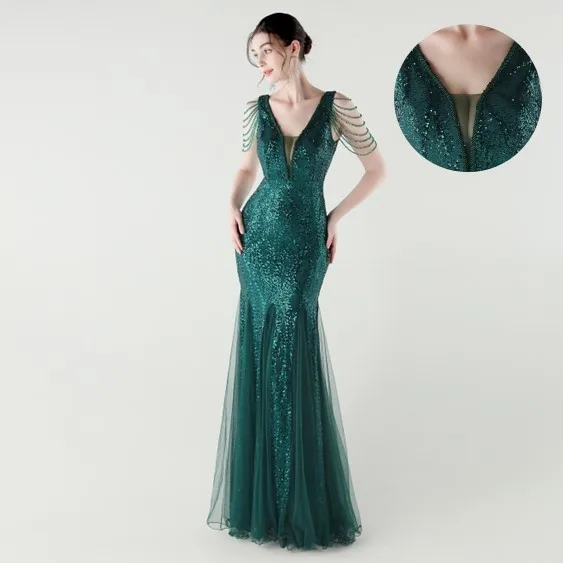 

Prom Dress Women Party Long V Neck Beaded Chiffon Dresses Wedding Guest Sequin Evening Dress Emerald Green Fish Tail Maxi Dress