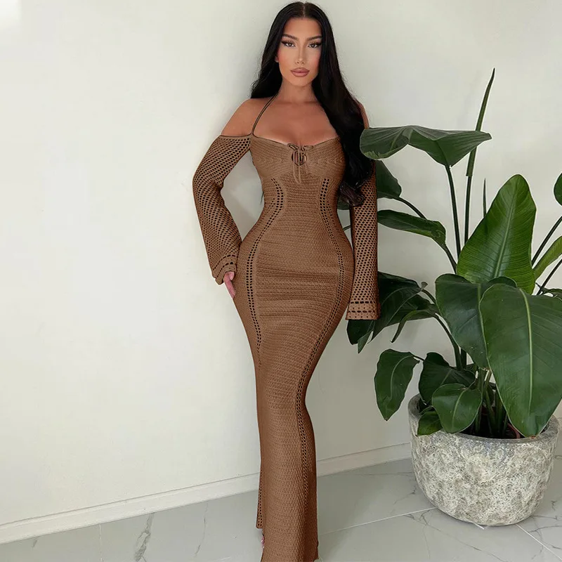 Cryptografische Off Shoulder Halter Gebreide Jurk Outfits Voor Dames Lange Mouwen Elegante Sexy Rugloze Stropdas Voorkant Maxi Jurken Vestido